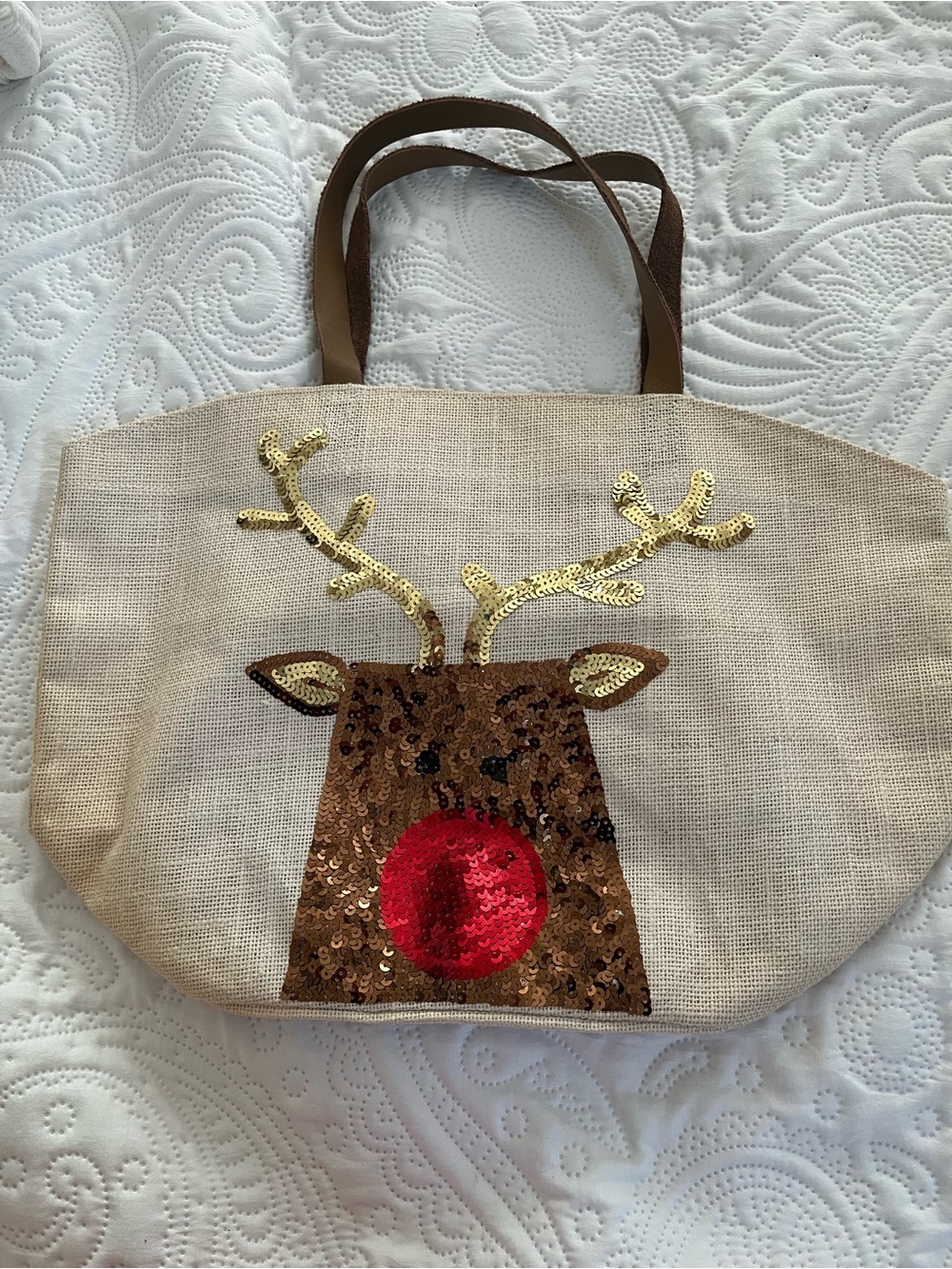 Mud Pie Beige Sequin Reindeer Tote with Brown Leather Handles